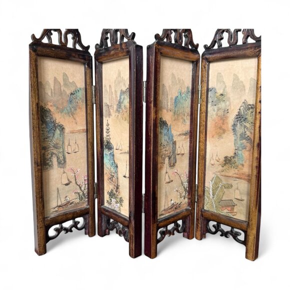 Asian Miniature Folding Screen Table Top Divider Screen Dollhouse Decor 4 Panel - Picture 2 of 16